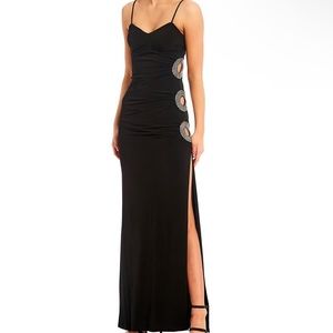 NWT! Rhinestone Cut-Out Trio Side Slit Long Dress - Black